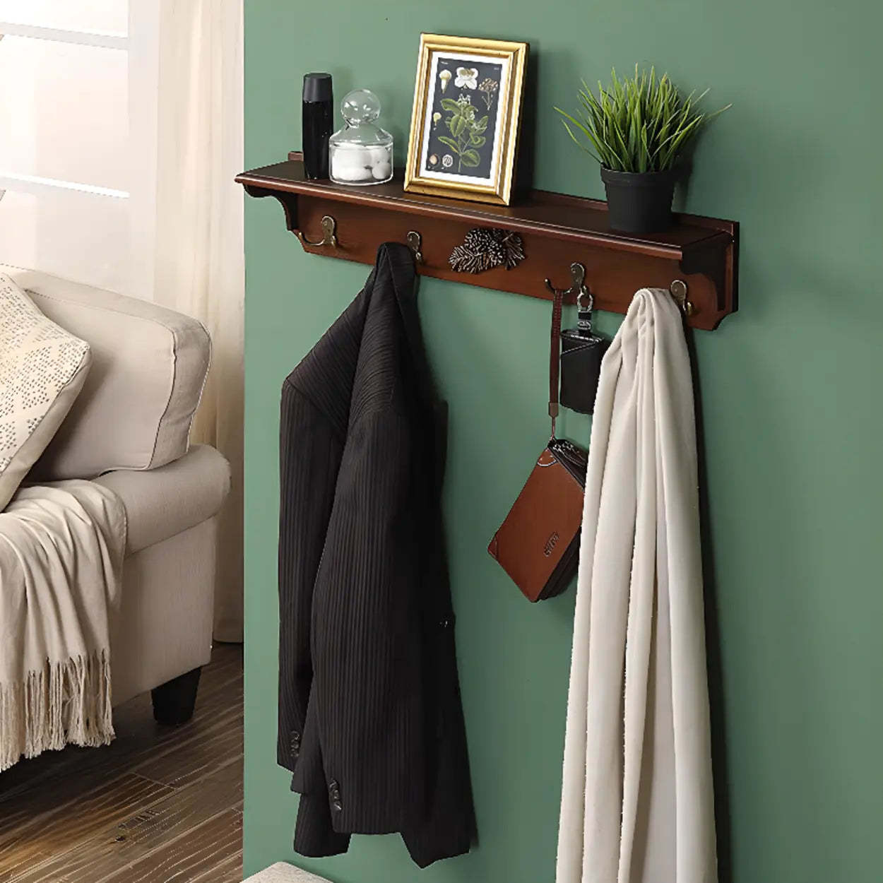 Brown Wood Wall-Mounted Shelf Coat Rack
