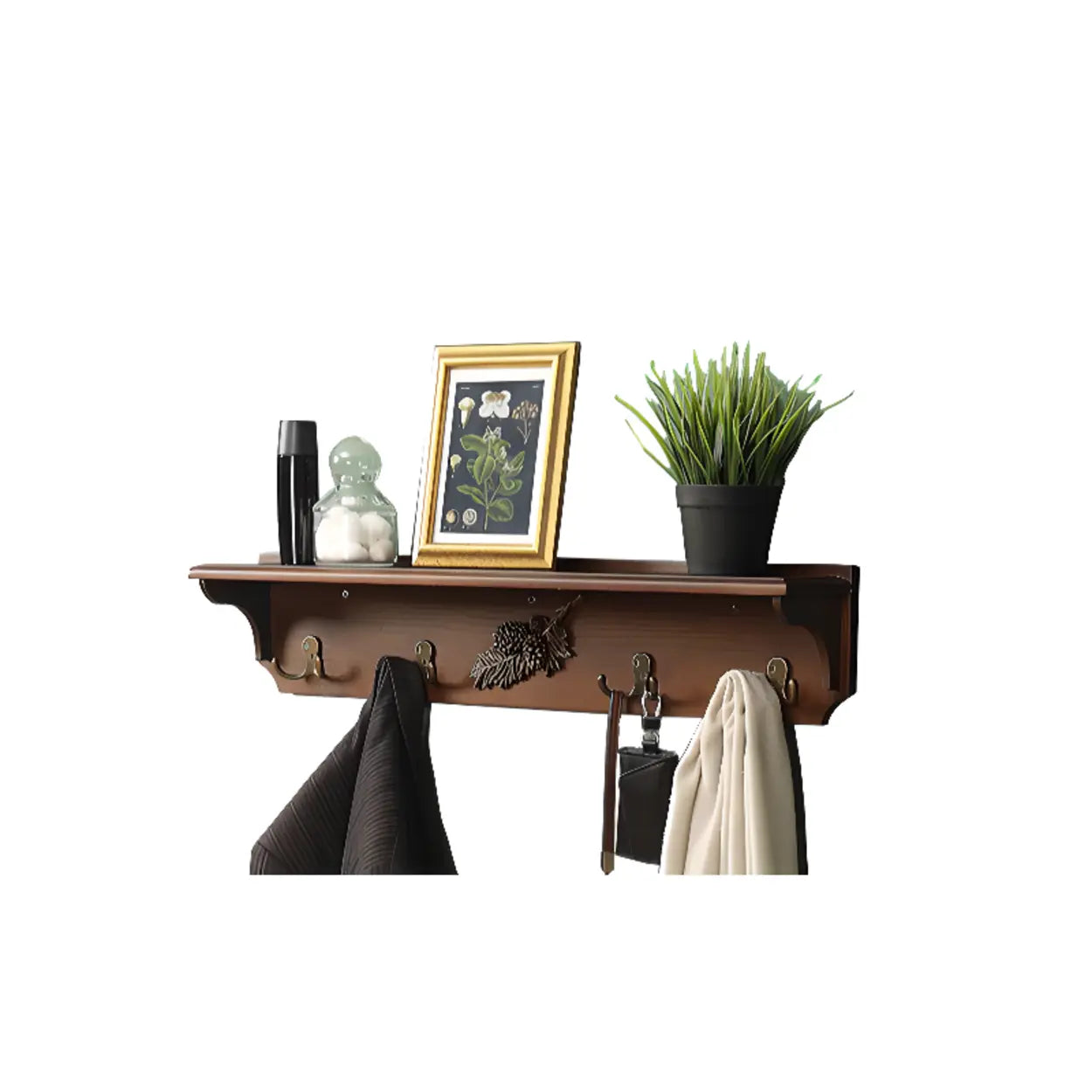 Brown Wood Wall-Mounted Shelf Coat Rack