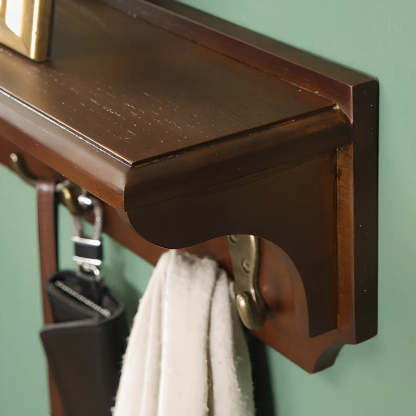 Brown Wood Wall-Mounted Shelf Coat Rack