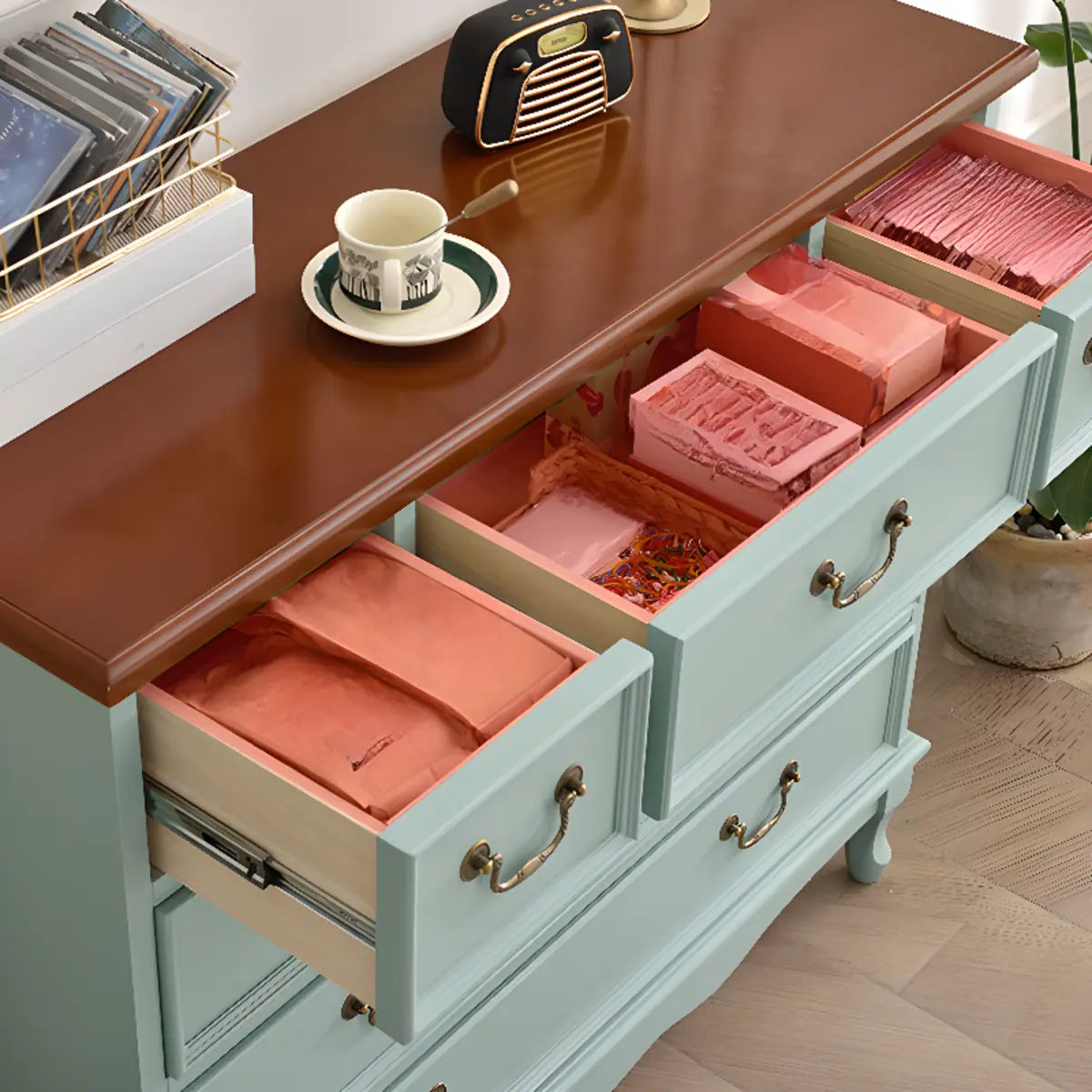 Beige Wood Drawer Dresser with Metal Handles — 2 / Beige