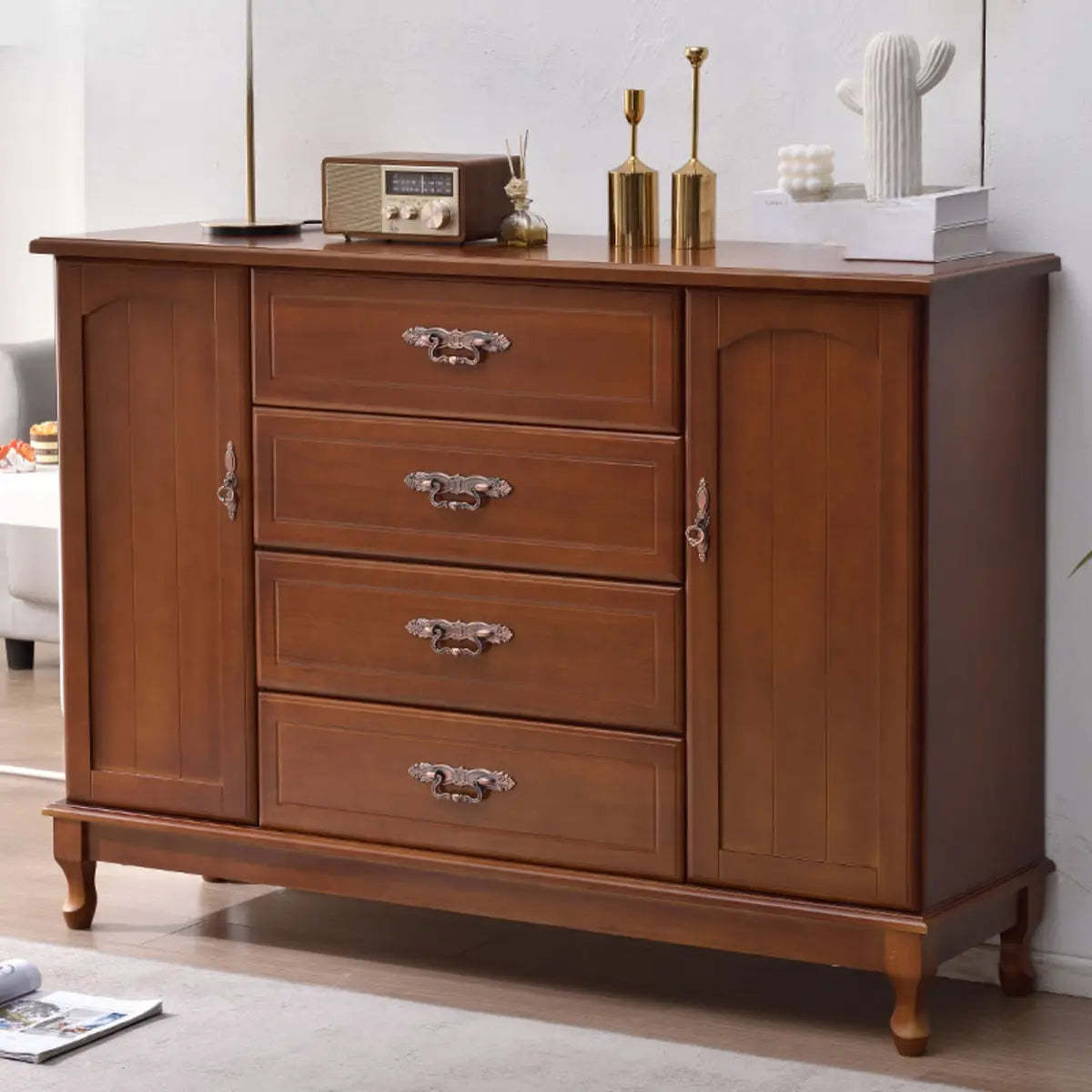 Traditional drawer dresser dressers in metal — 55.1" L x 15.7" W x 39.4" H / With 2 Cabinets / Walnut