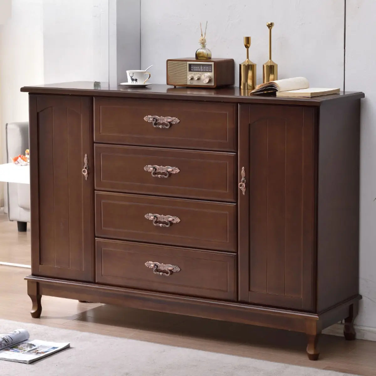 Beige Wood Drawer Dresser with Metal Handles — Cabinet Not Included / Dark Walnut