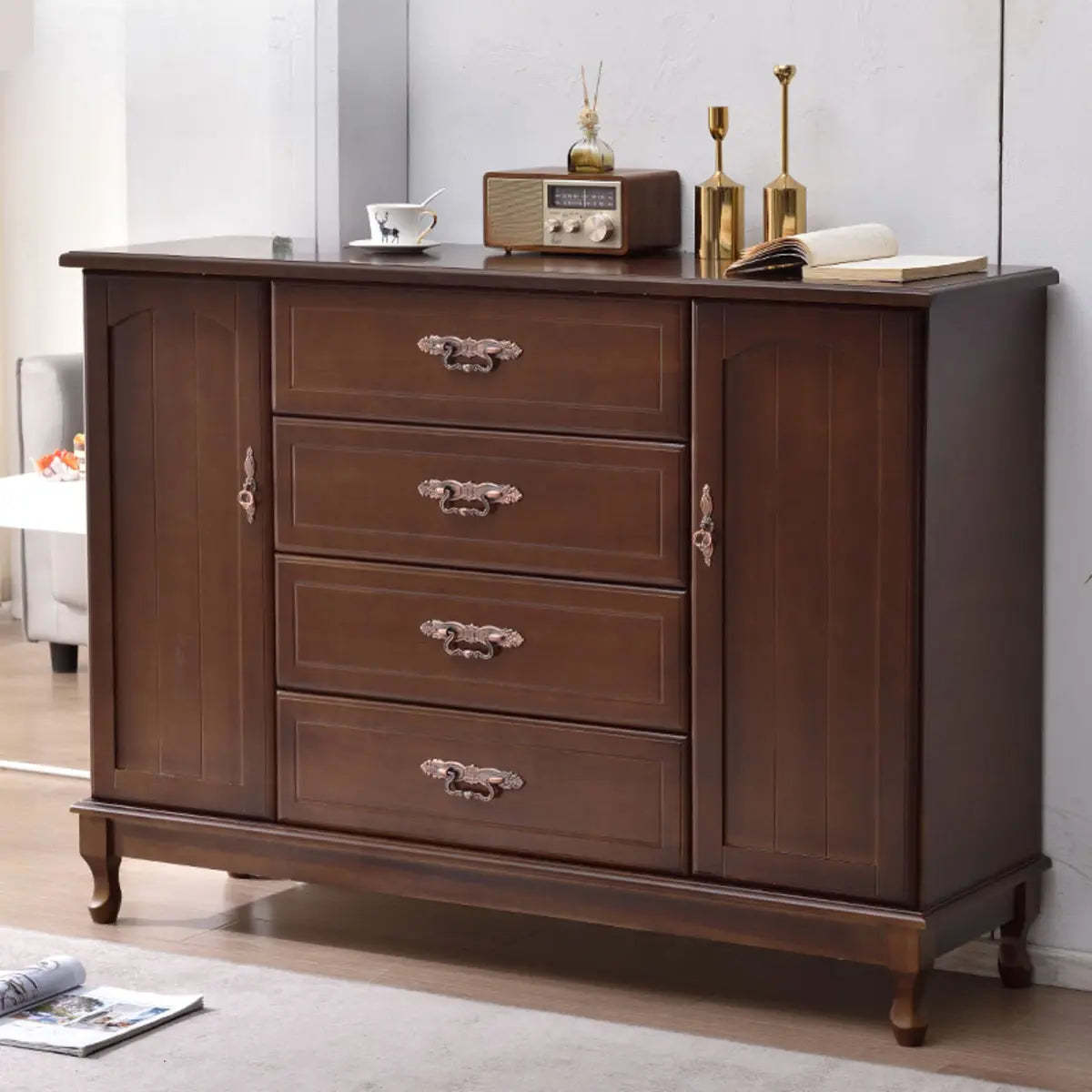 Beige Wood Drawer Dresser with Metal Handles — Cabinet Not Included / Dark Walnut