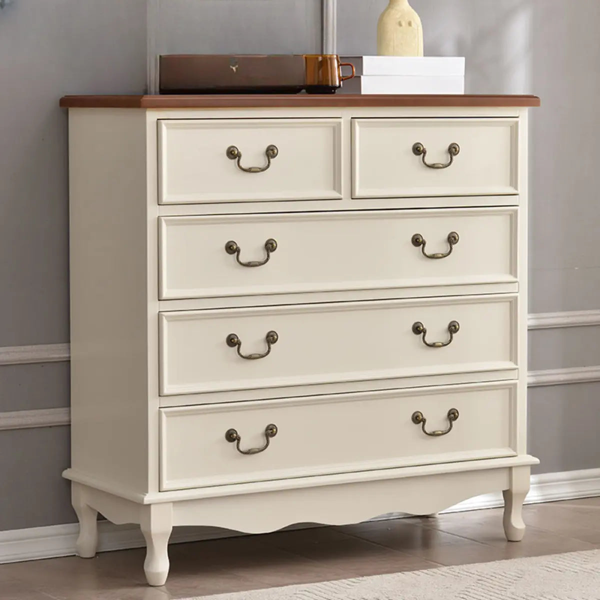Beige Wood Drawer Dresser with Metal Handles — Cabinet Not Included / Walnut