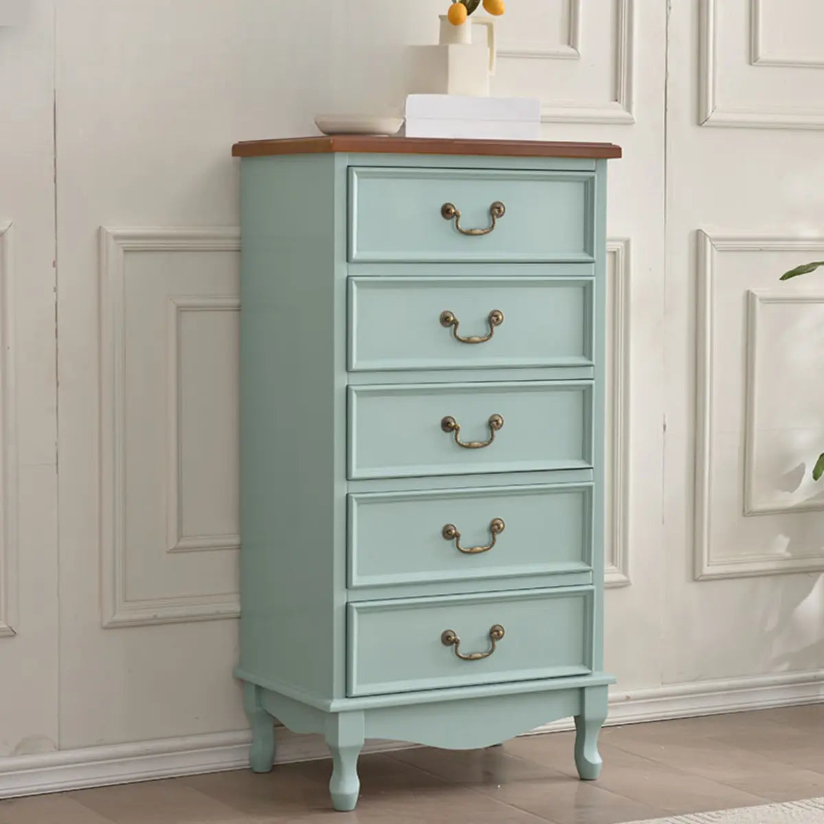 Beige Wood Drawer Dresser with Metal Handles