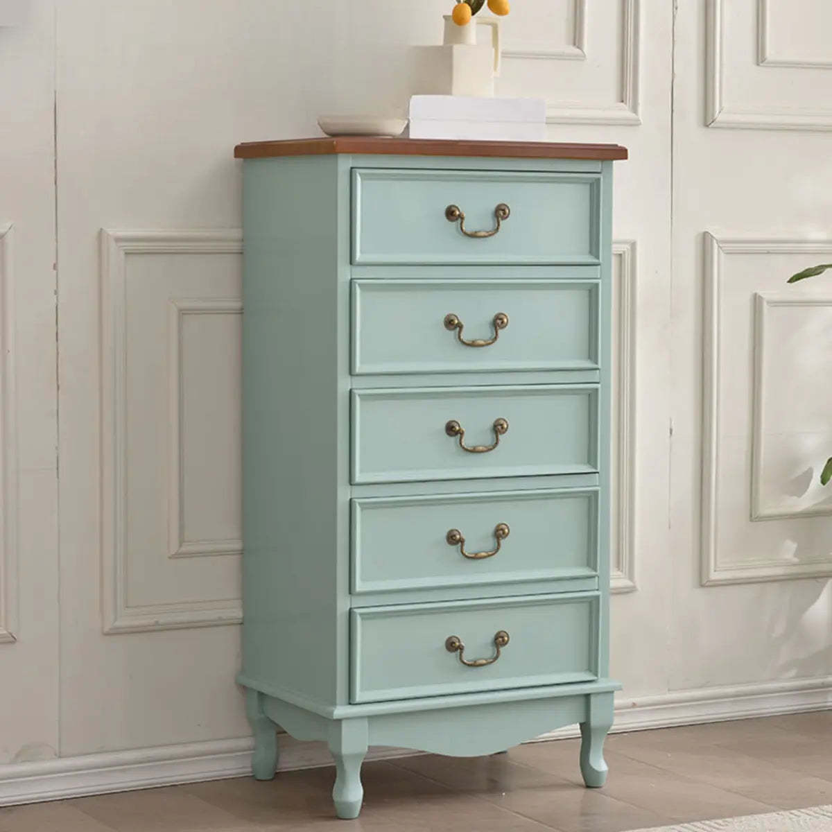 Beige Wood Drawer Dresser with Metal Handles