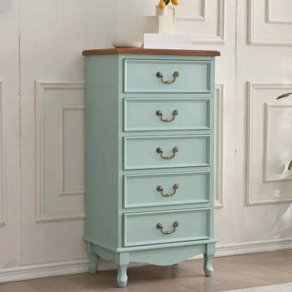 Beige Wood Drawer Dresser with Metal Handles
