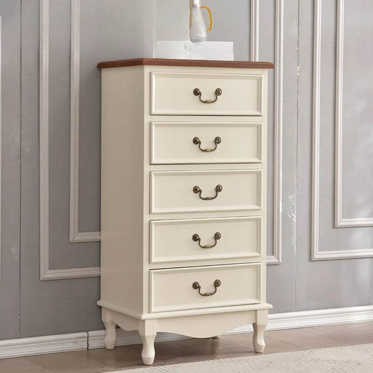 Beige Wood Drawer Dresser with Metal Handles
