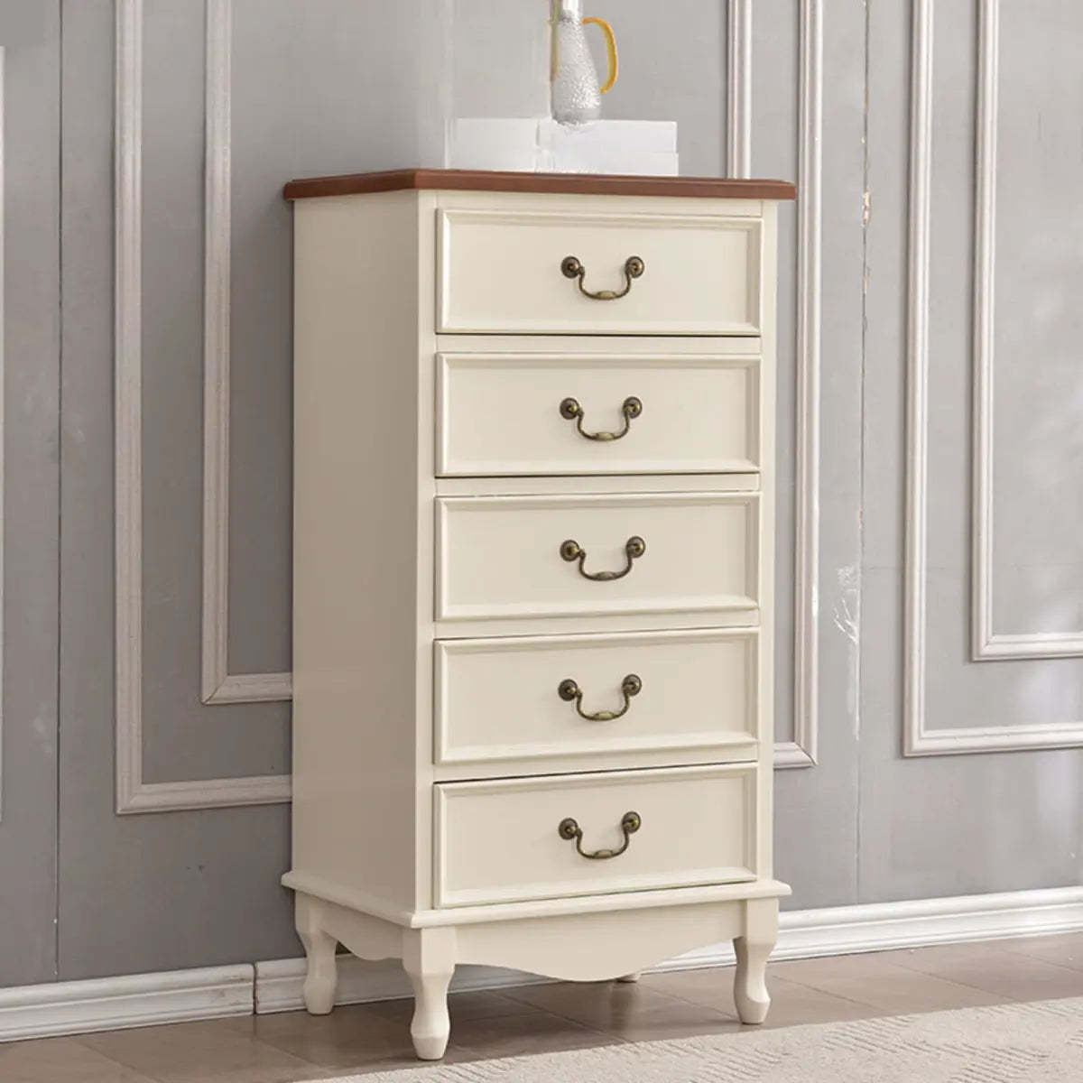 Beige Wood Drawer Dresser with Metal Handles