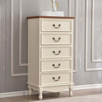 Beige Wood Drawer Dresser with Metal Handles