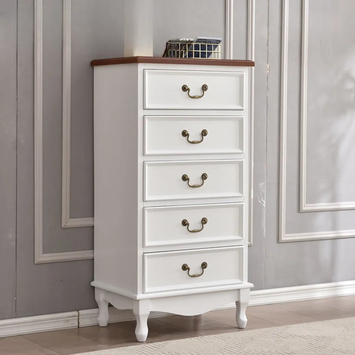 Beige Wood Drawer Dresser with Metal Handles