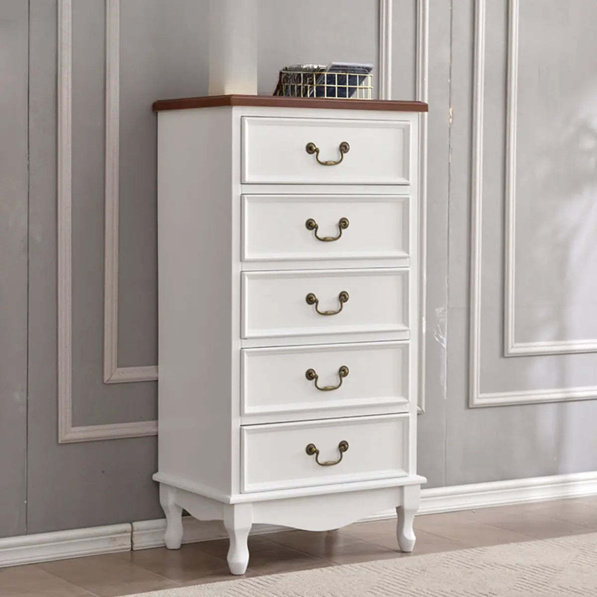 Beige Wood Drawer Dresser with Metal Handles