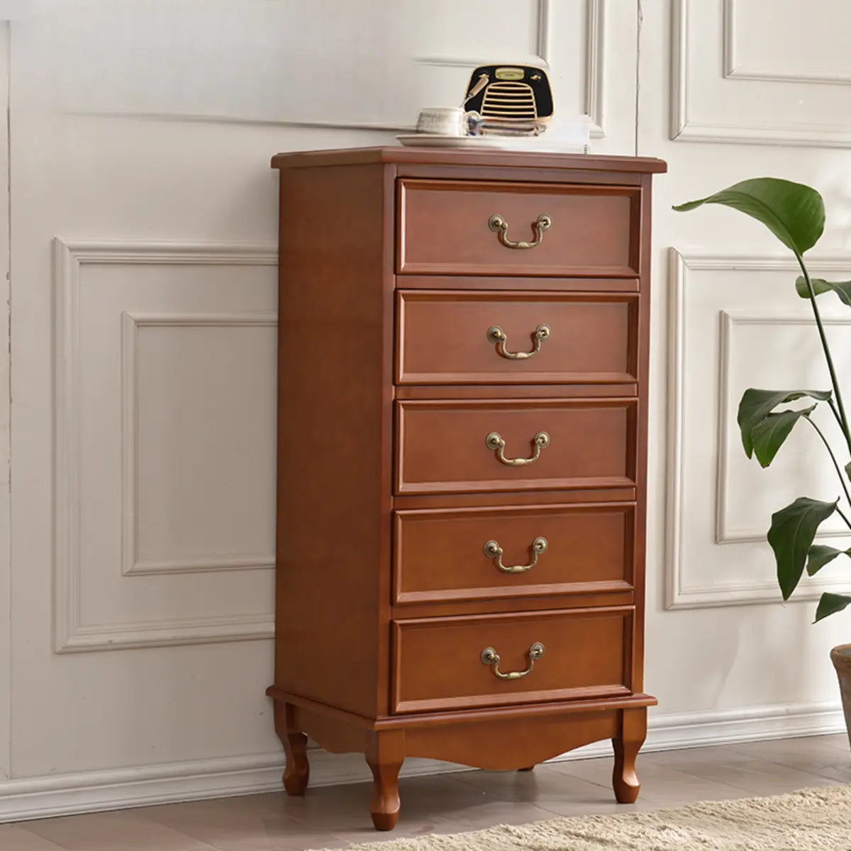 Beige Wood Drawer Dresser with Metal Handles
