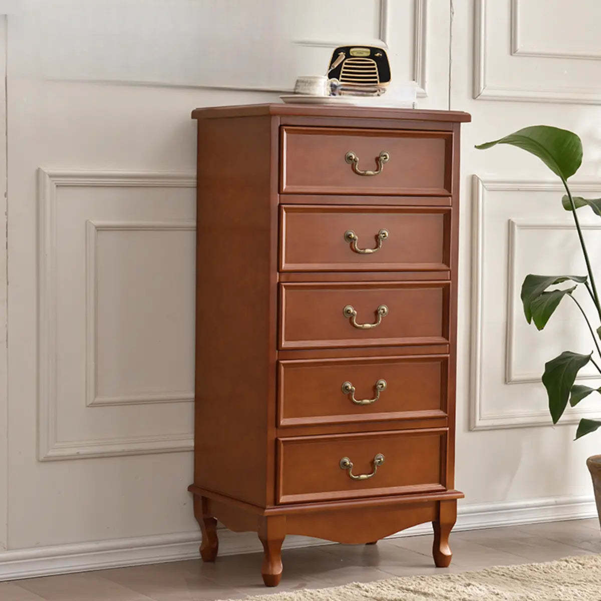 Beige Wood Drawer Dresser with Metal Handles