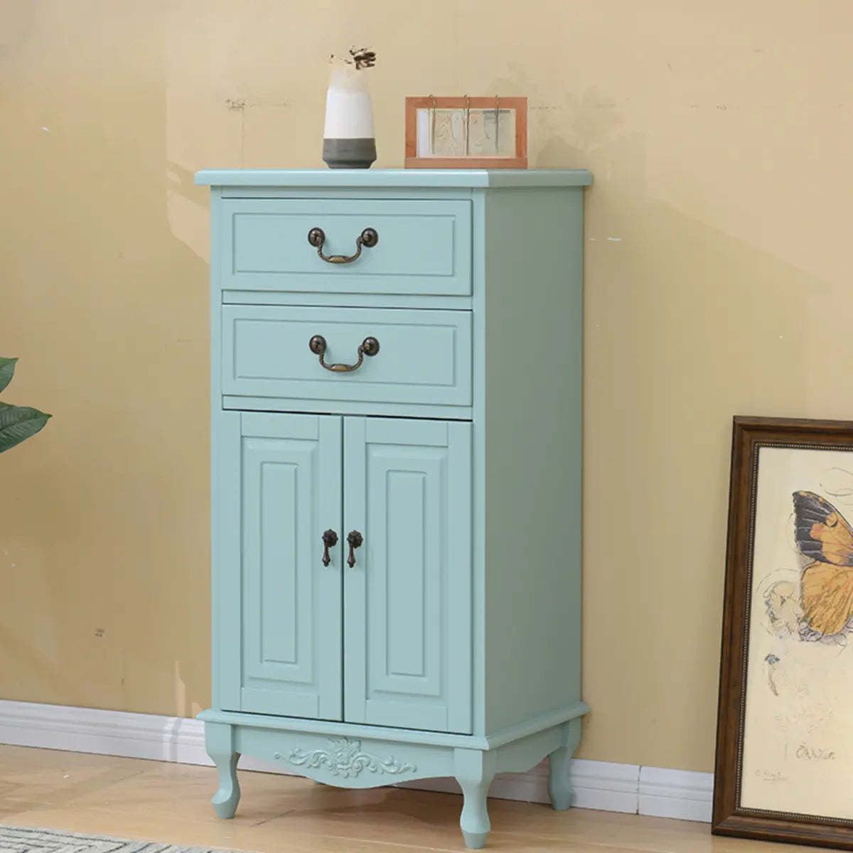 Beige Wood Drawer Dresser with Metal Handles