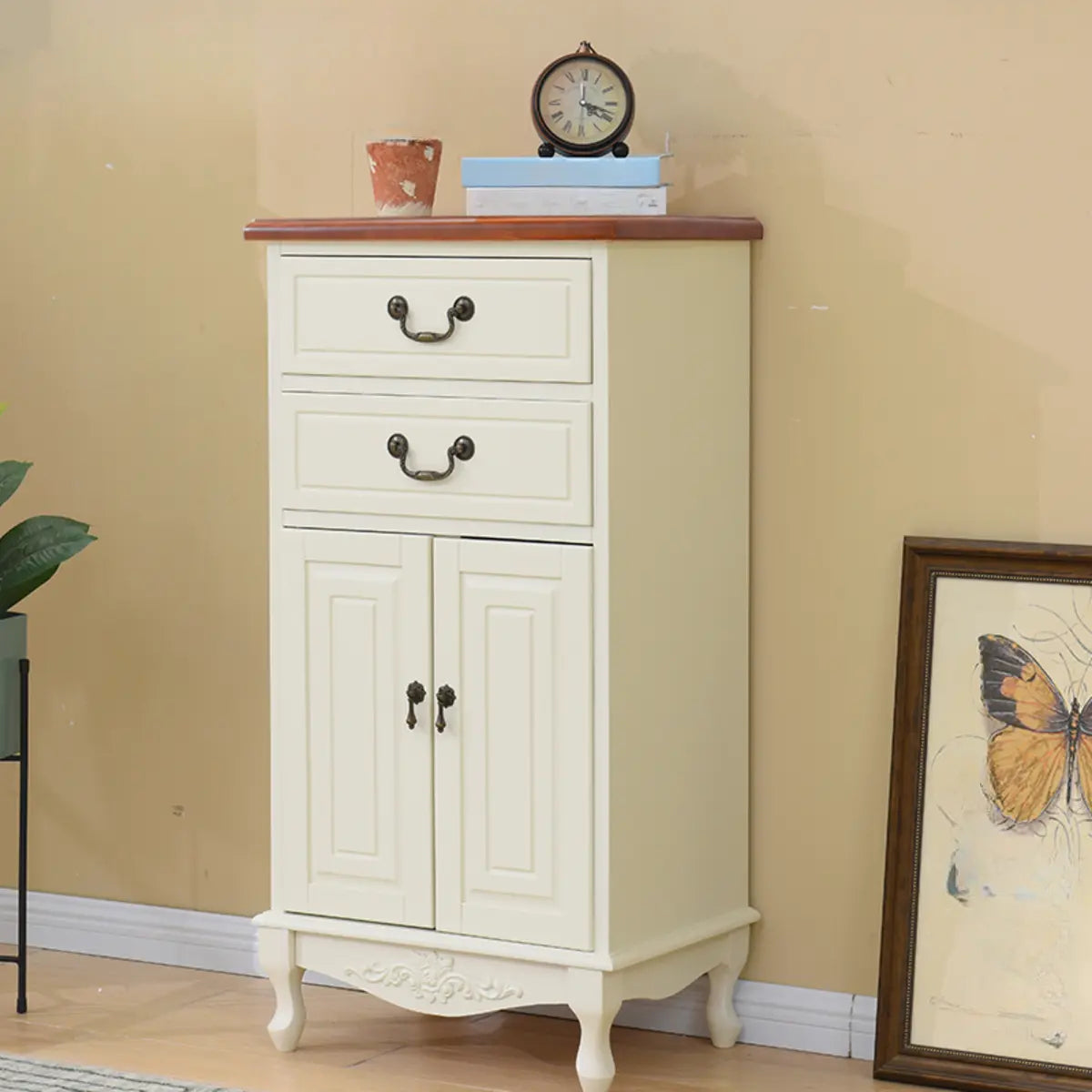 Beige Wood Drawer Dresser with Metal Handles