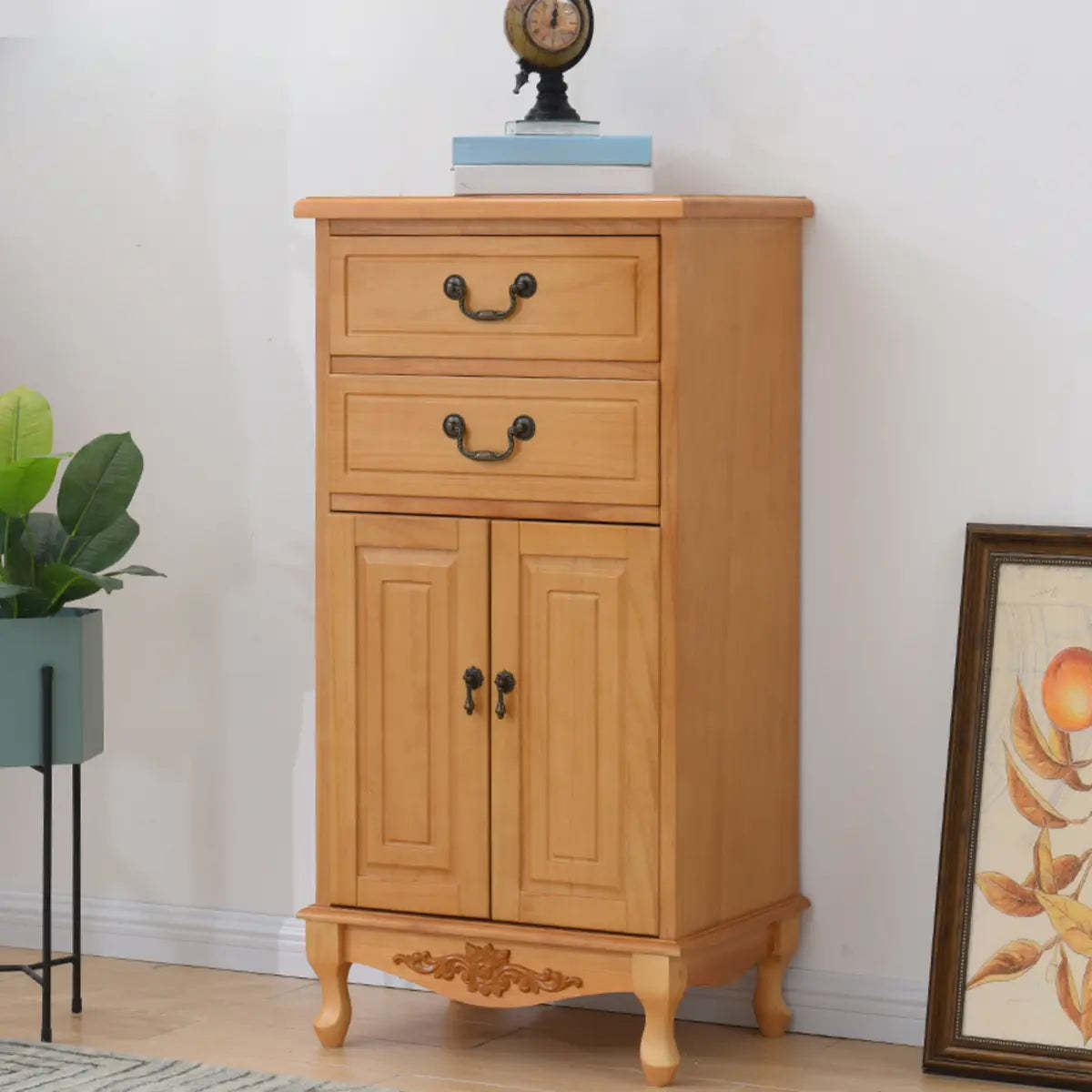 Beige Wood Drawer Dresser with Metal Handles