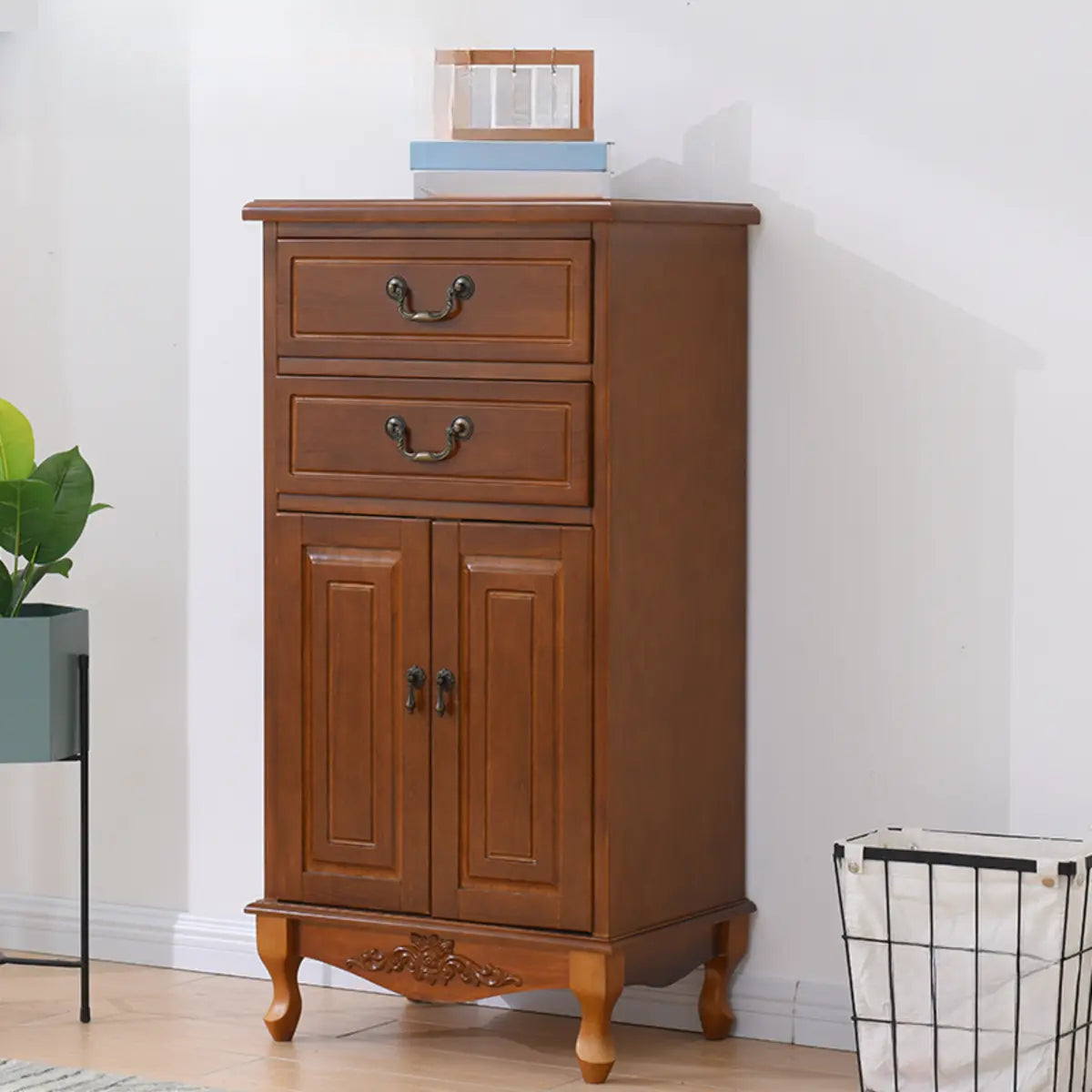 Beige Wood Drawer Dresser with Metal Handles