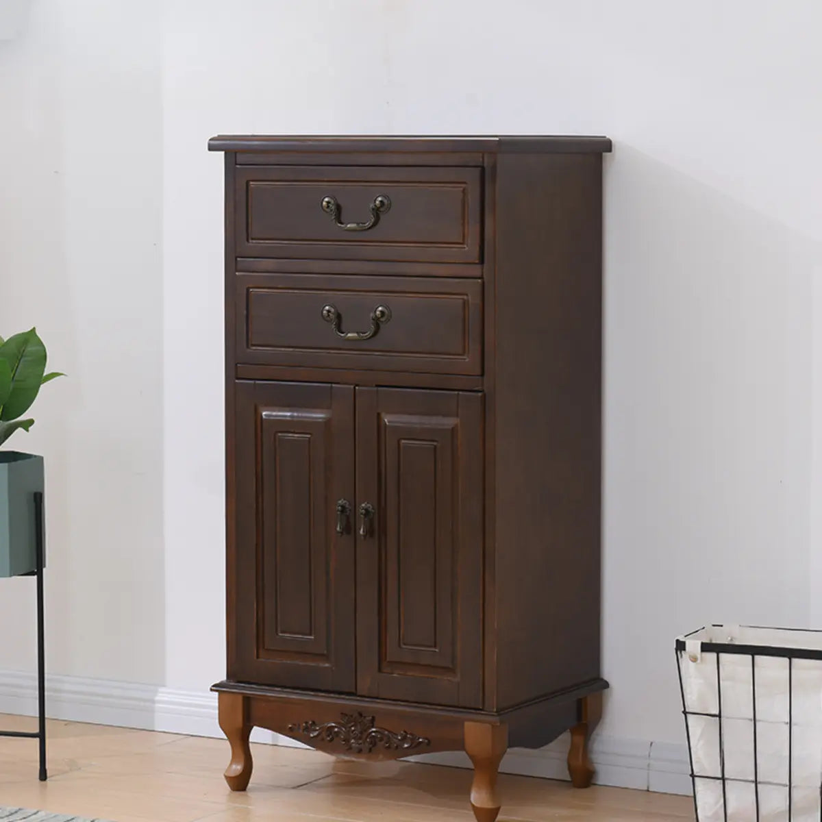 Beige Wood Drawer Dresser with Metal Handles