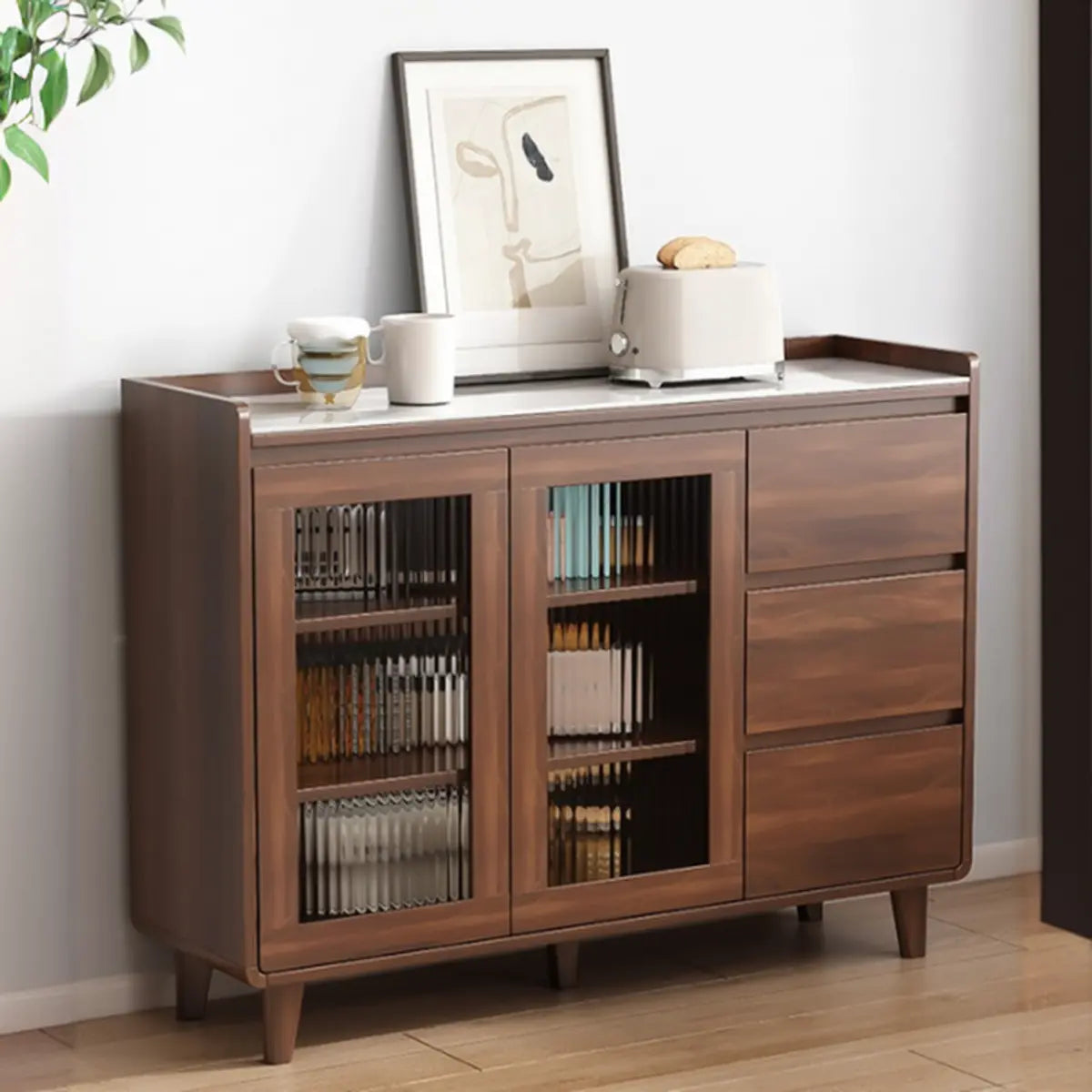 Nut-Brown Wood Rectangular Kitchen China Cabinet — Glass / Nut-Brown