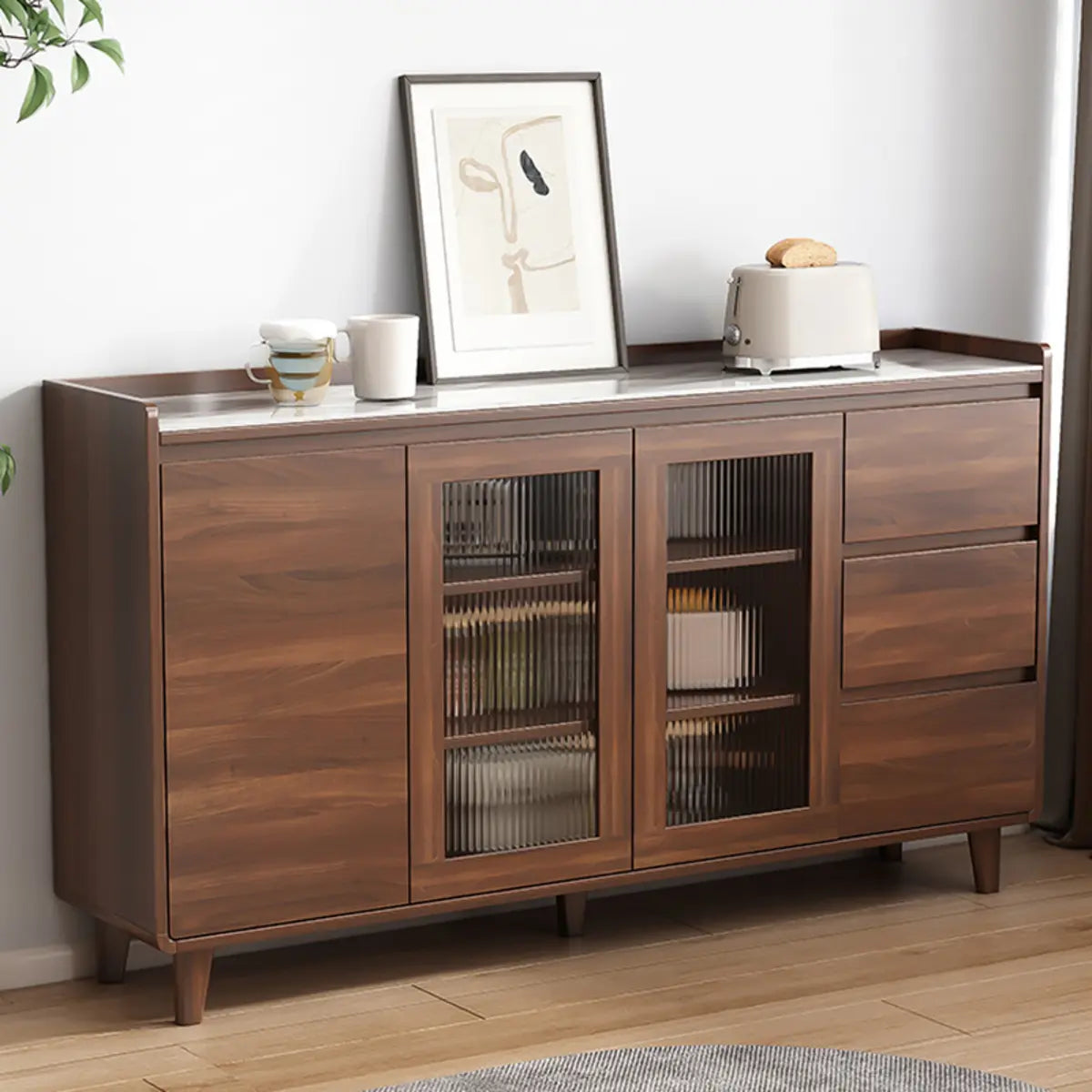 Nut-Brown Wood Rectangular Kitchen China Cabinet — Glass / Walnut/ White