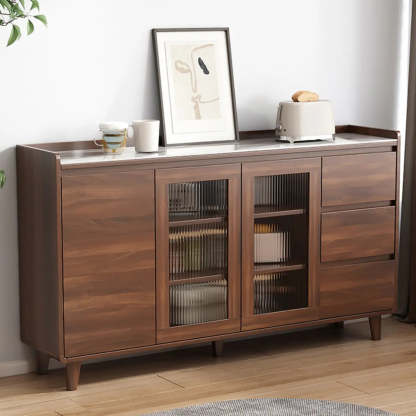 Nut-Brown Wood Rectangular Kitchen China Cabinet — Glass / Walnut/ White