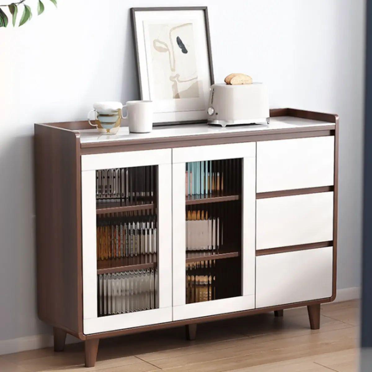 Nut-Brown Wood Rectangular Kitchen China Cabinet — Glass / Nut-Brown
