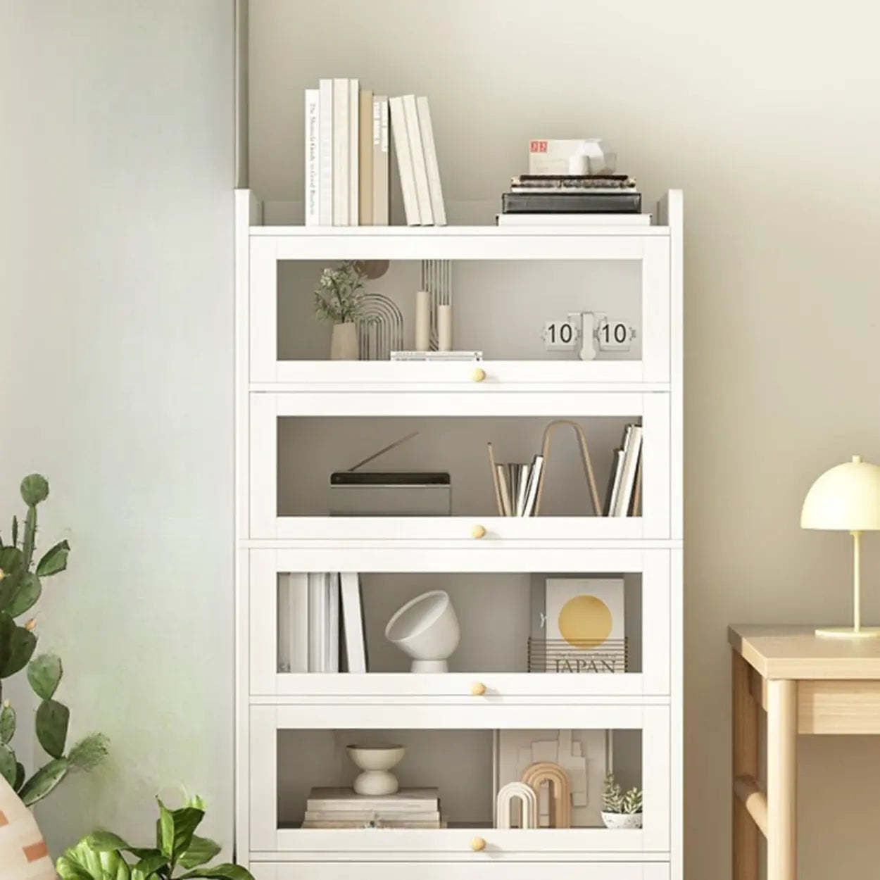 White Rectangular Wood Display Cabinet — Walnut