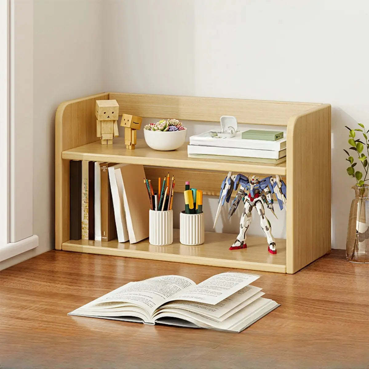 Dark Walnut Rectangular Wood 2-Tier Display Cabinet — Natural