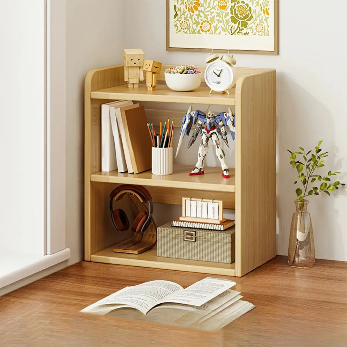 Dark Walnut Rectangular Wood 2-Tier Display Cabinet — Natural