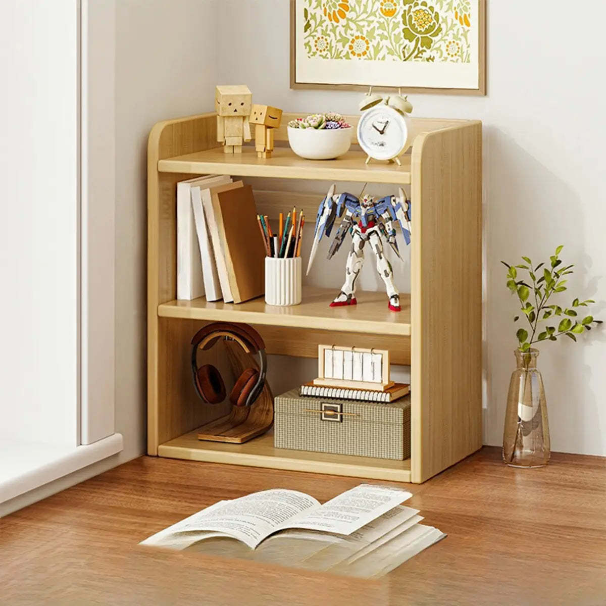 Dark Walnut Rectangular Wood 2-Tier Display Cabinet — Natural