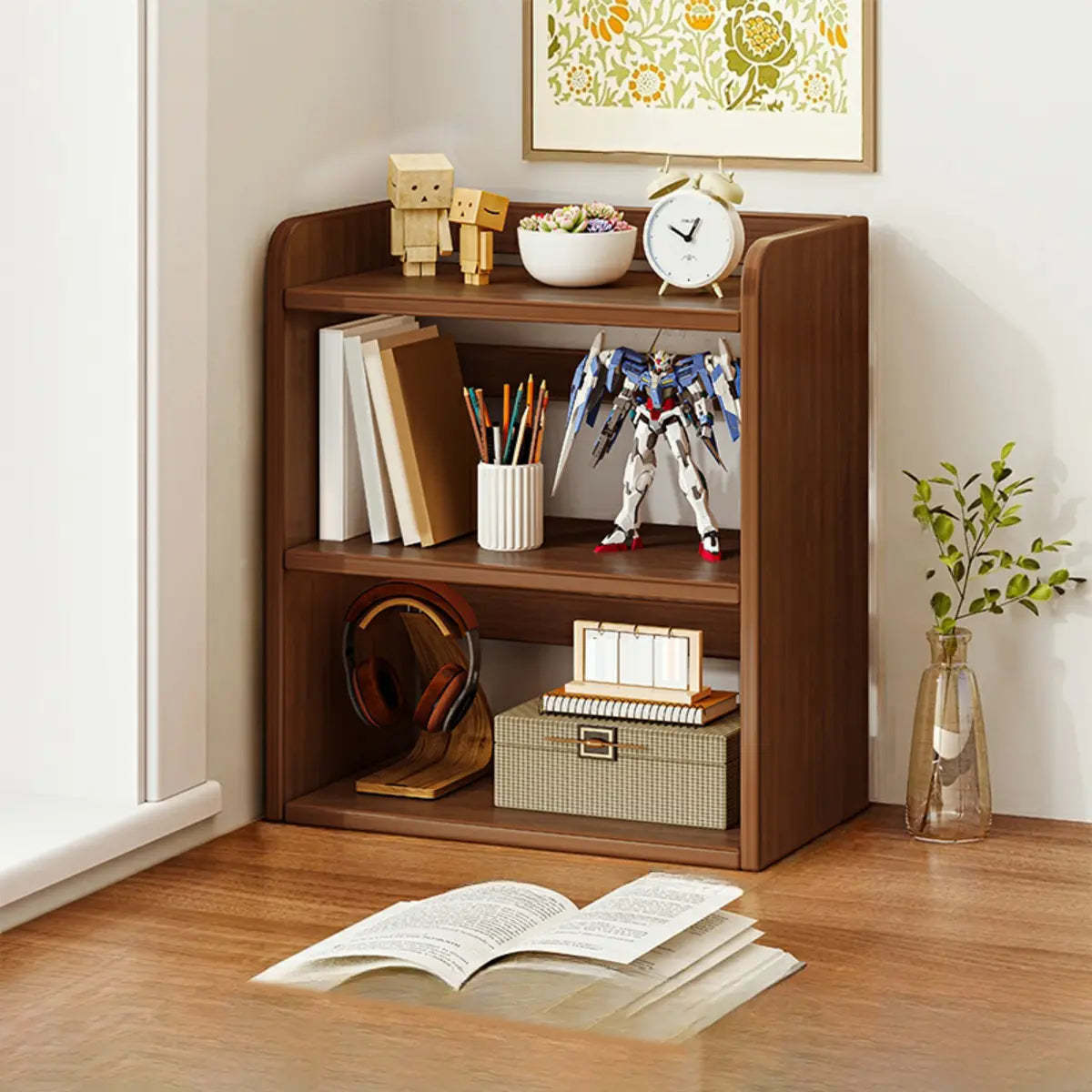 Dark Walnut Rectangular Wood 2-Tier Display Cabinet