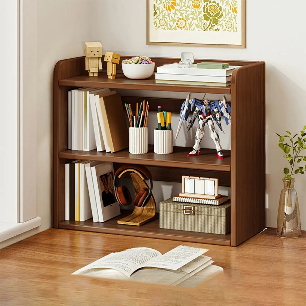 Dark Walnut Rectangular Wood 2-Tier Display Cabinet