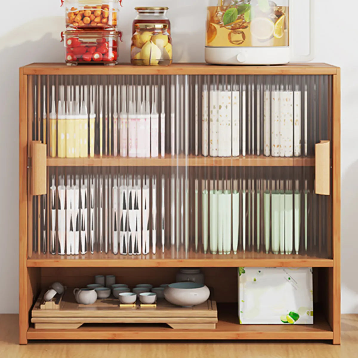 Ribbed Glass Wood Kitchen China Cabinet