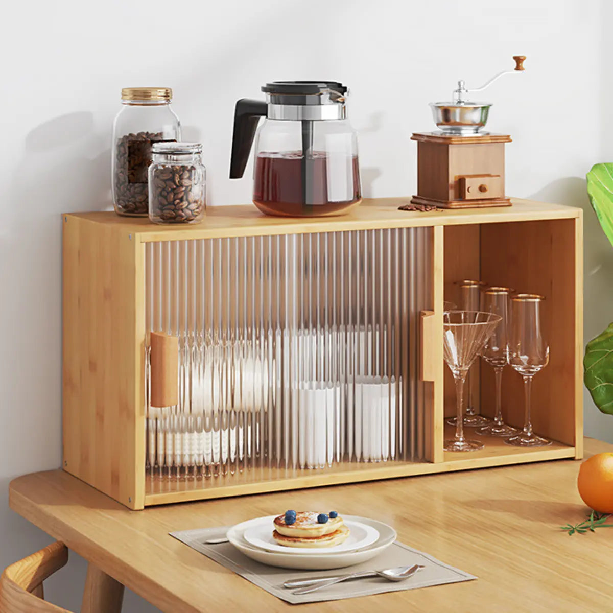 Ribbed Glass Wood Kitchen China Cabinet — Tan / 3