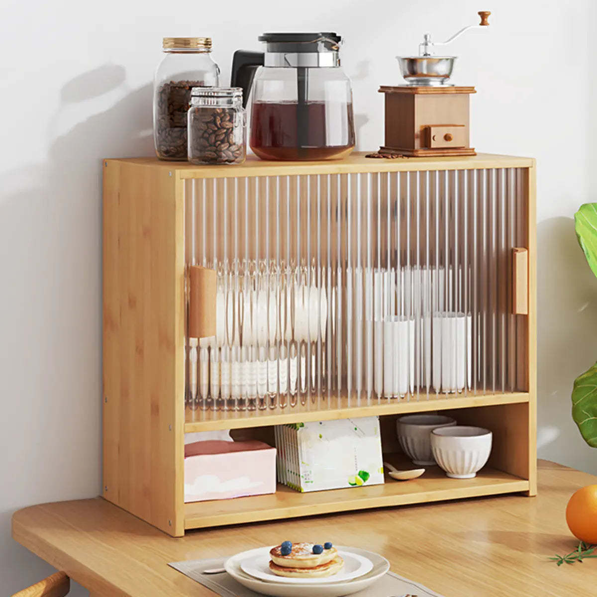Ribbed Glass Wood Kitchen China Cabinet — Natural / 2