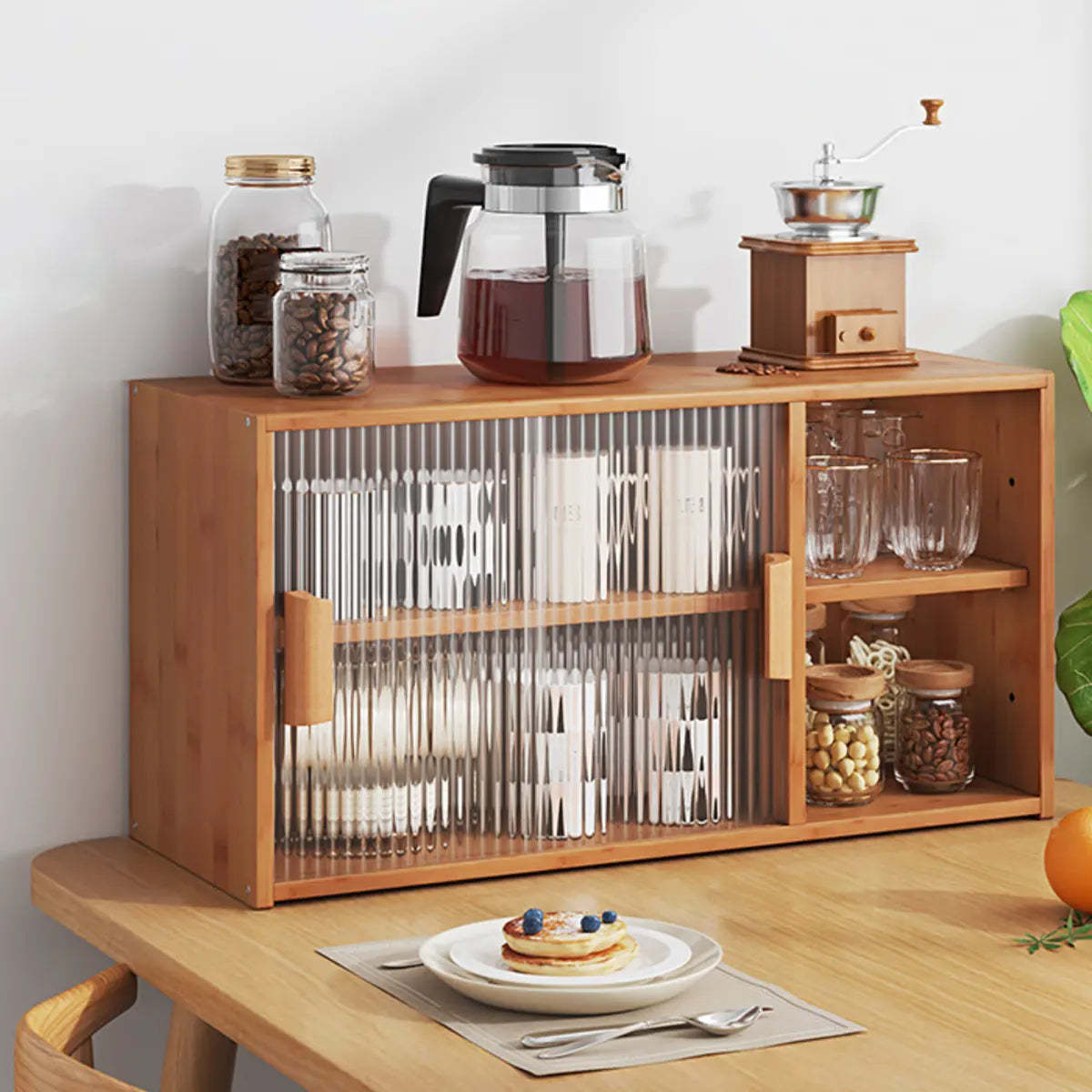 Ribbed Glass Wood Kitchen China Cabinet