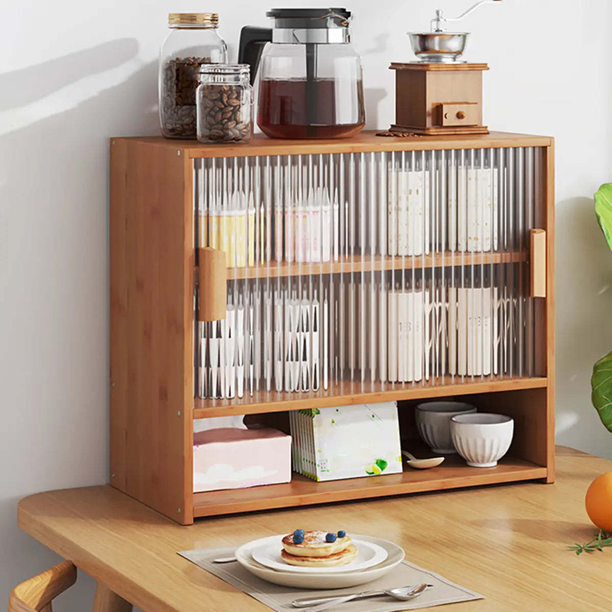 Ribbed Glass Wood Kitchen China Cabinet