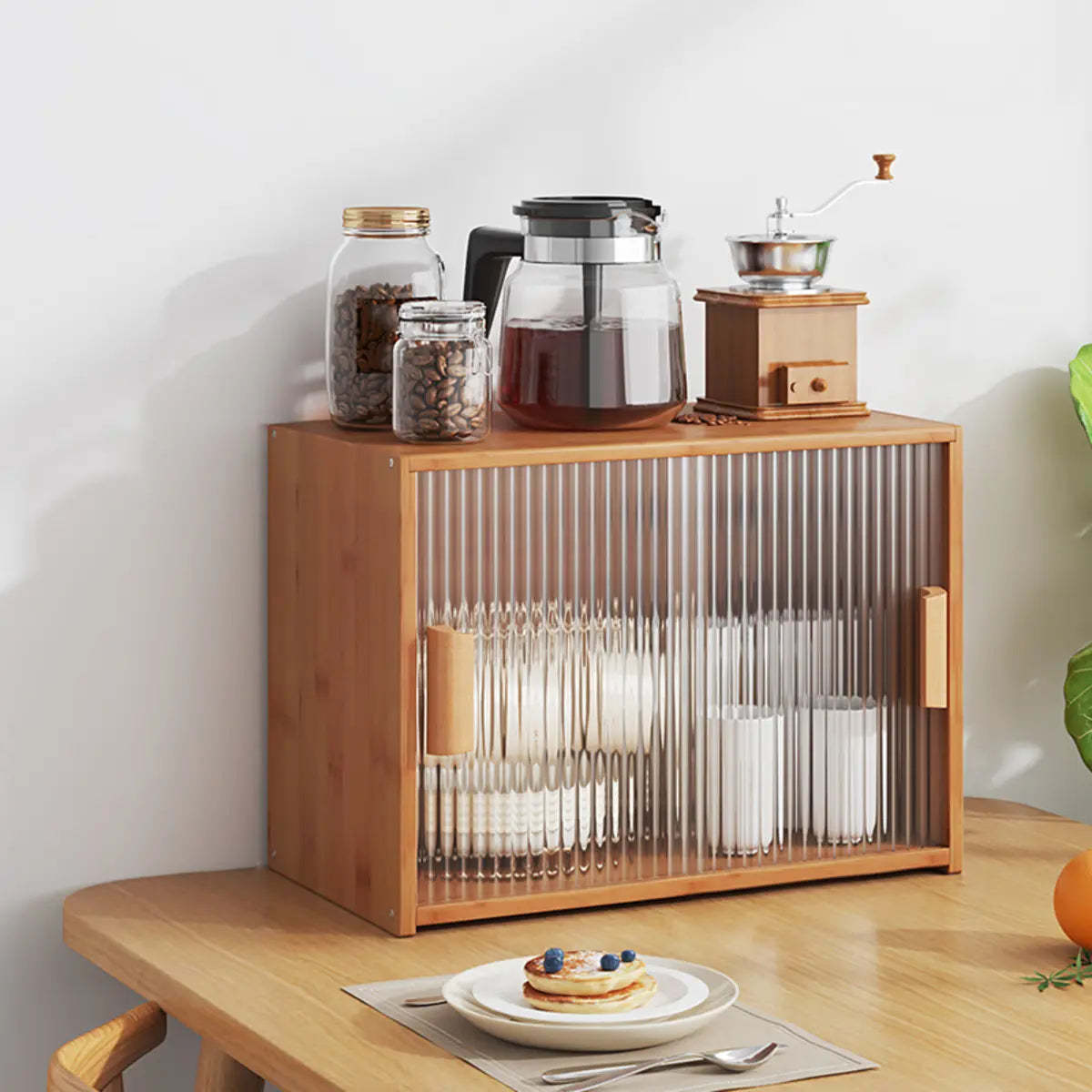 Wood glass frame ribbed wine cabinets - modern — 18" L x 11" W x 13" H / 2-Shelf / Tan