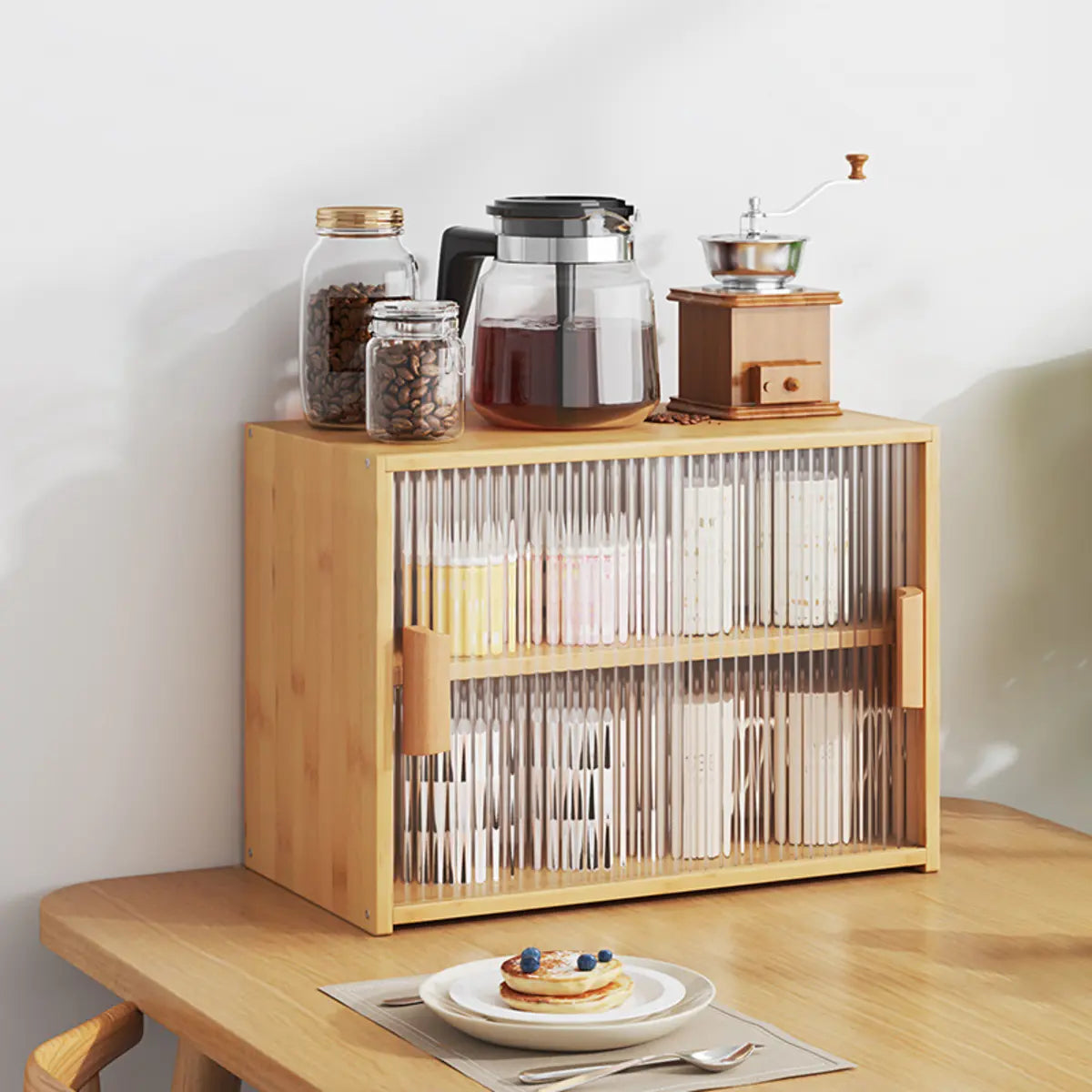 Ribbed Glass Wood Kitchen China Cabinet — Tan / 3
