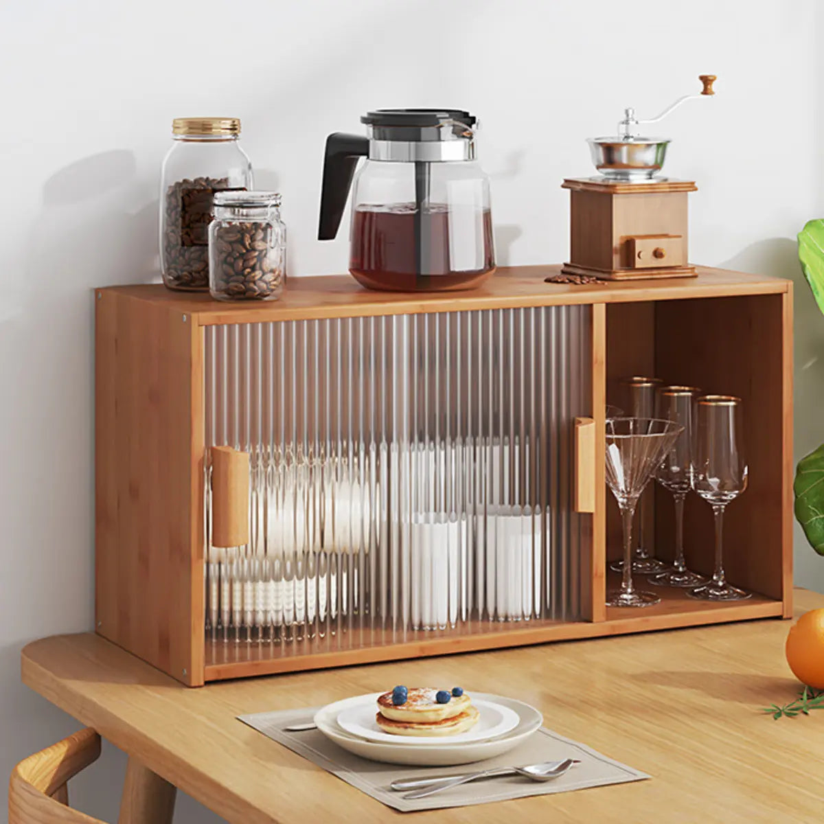 Ribbed Glass Wood Kitchen China Cabinet