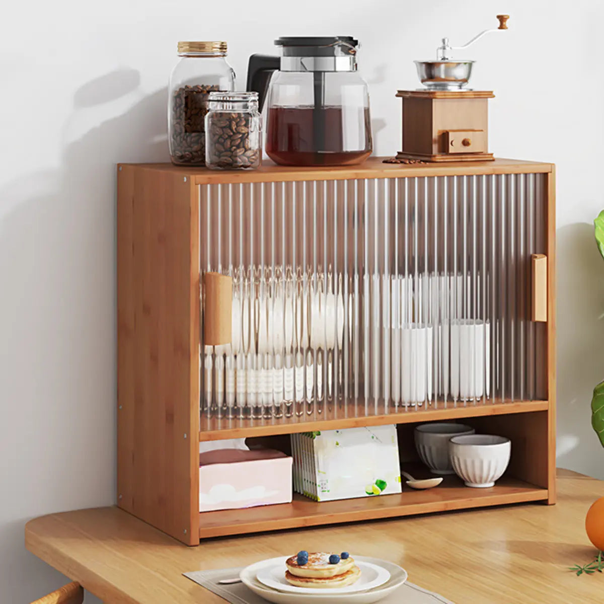 Ribbed Glass Wood Kitchen China Cabinet