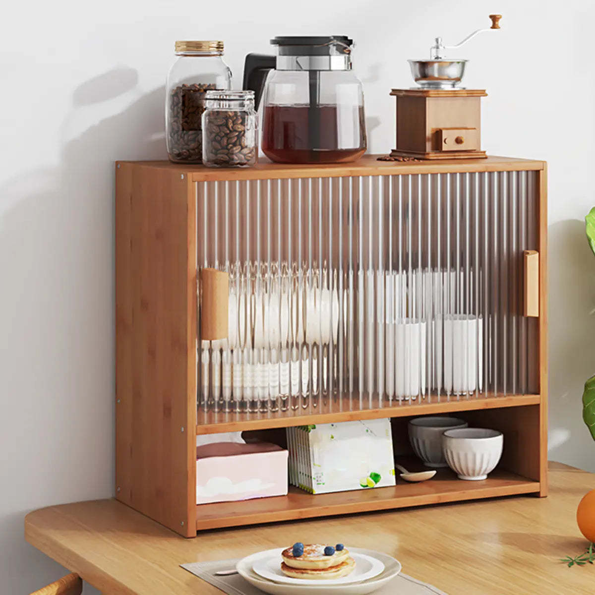 Ribbed Glass Wood Kitchen China Cabinet