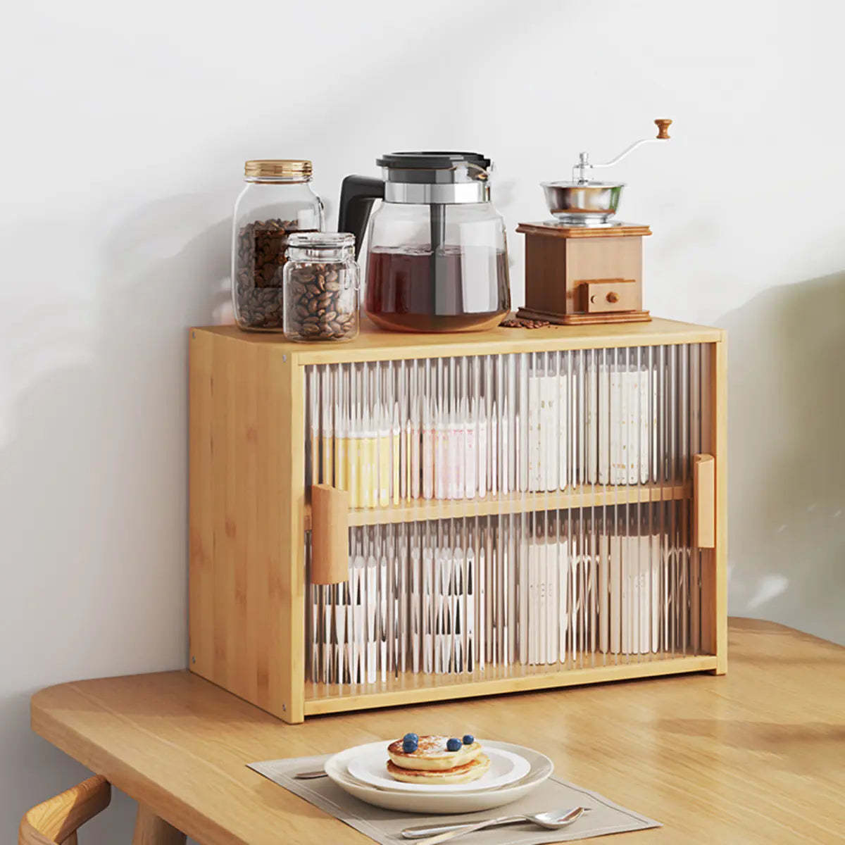 Ribbed Glass Wood Kitchen China Cabinet — Tan / 3