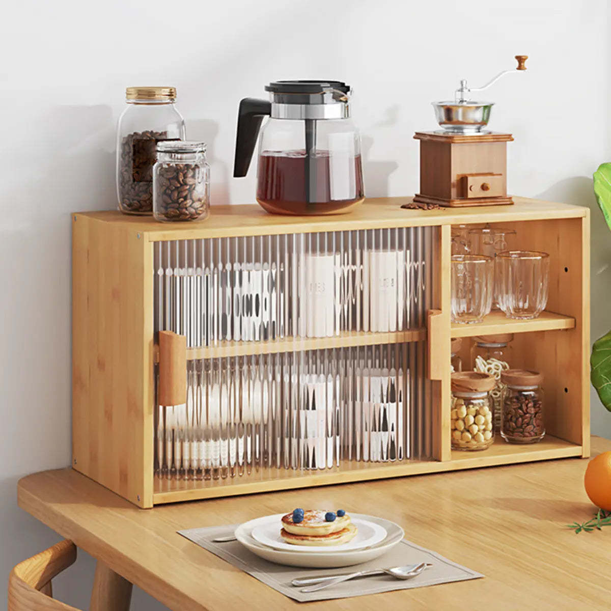 Ribbed Glass Wood Kitchen China Cabinet — Natural / 2
