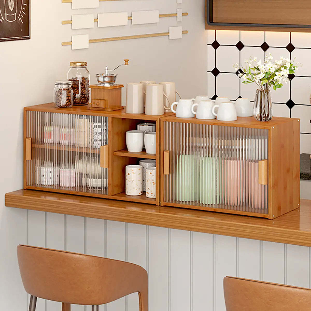 Ribbed Glass Wood Kitchen China Cabinet — Natural / 3