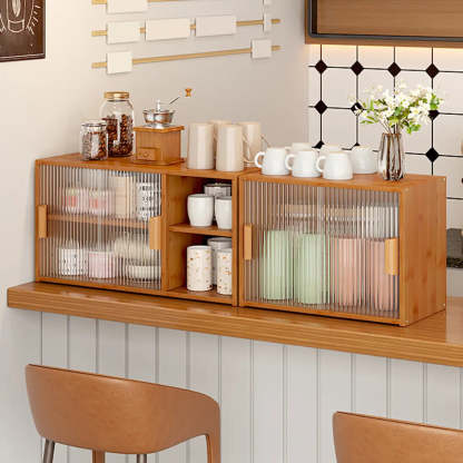 Ribbed Glass Wood Kitchen China Cabinet — Natural / 3