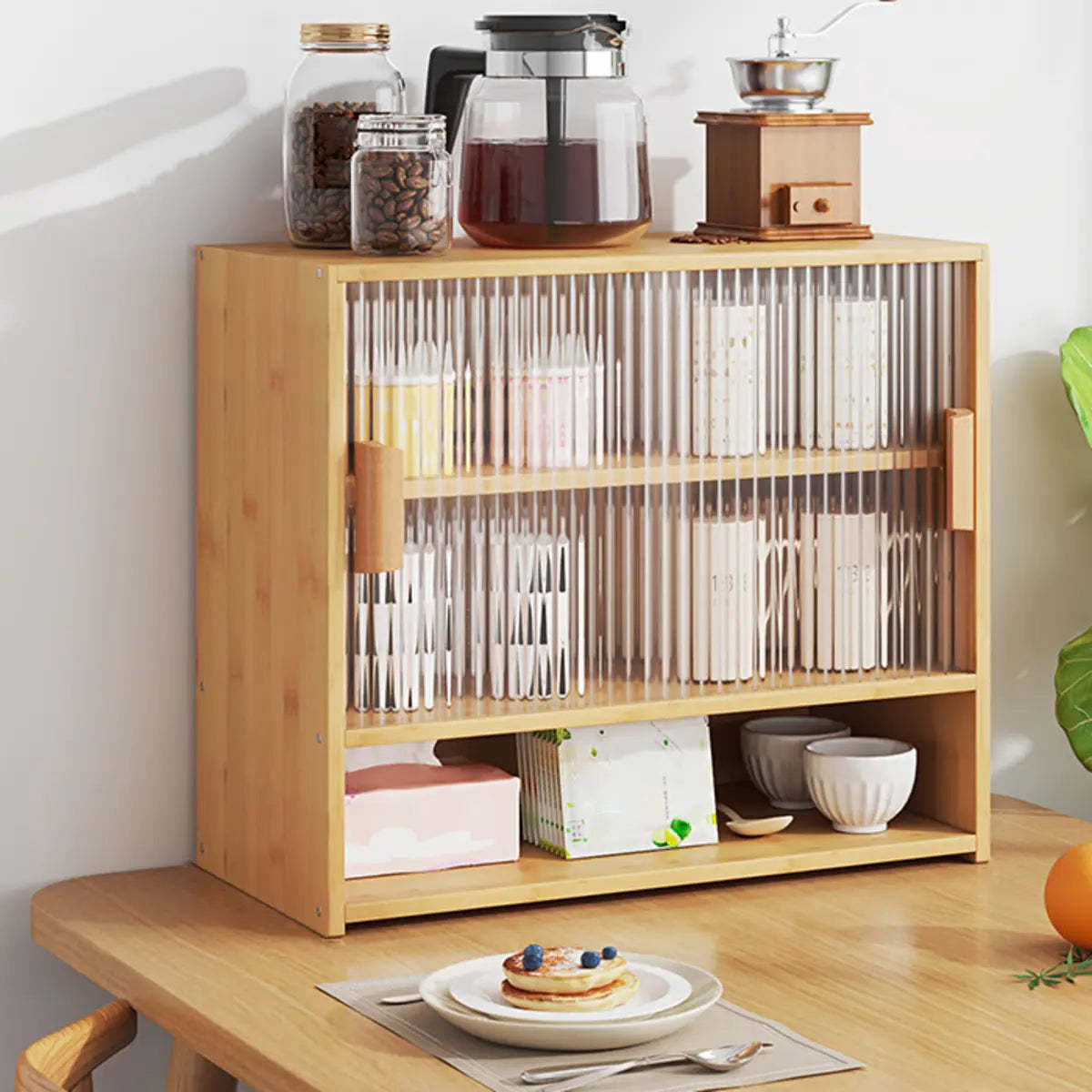 Ribbed Glass Wood Kitchen China Cabinet — Tan / 3