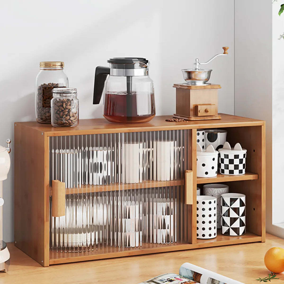 Ribbed Glass Wood Kitchen China Cabinet — Tan / 4