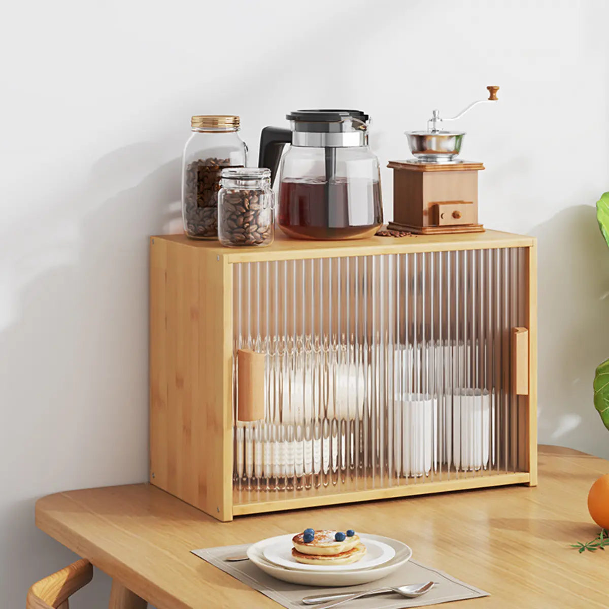 Ribbed Glass Wood Kitchen China Cabinet — Natural / 3